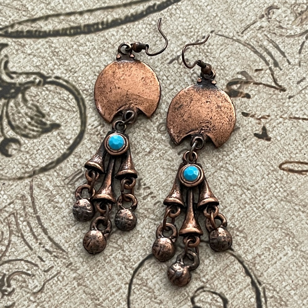 Vintage Copper Dangle Earrings with Turquoise Accent